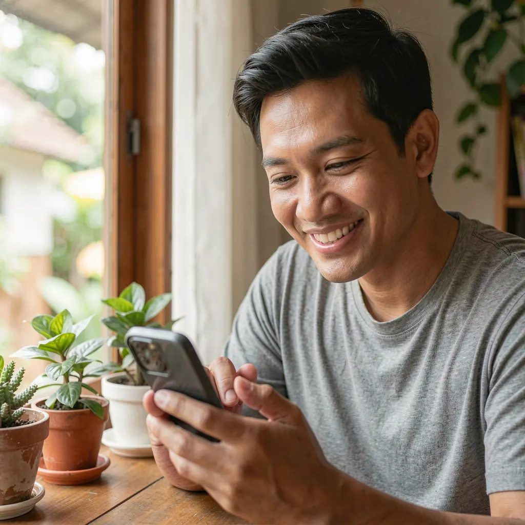 Happy Filipino man using the JJJJPH casino app on his smartphone enjoying smooth mobile gameplay at home in soft natural light