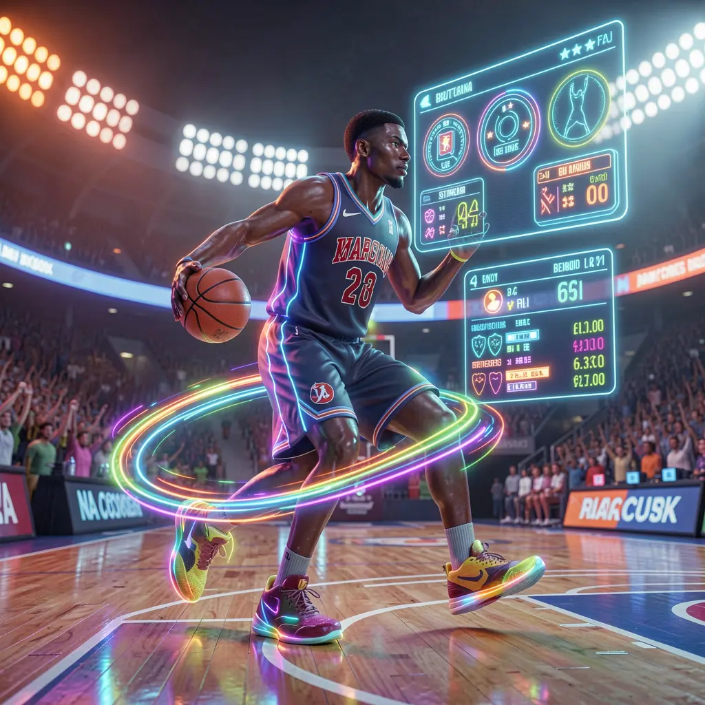 Dynamic holographic basketball player surrounded by digital betting options and glowing stadium lights showcasing immersive sports betting on JJJJPH in the Philippines