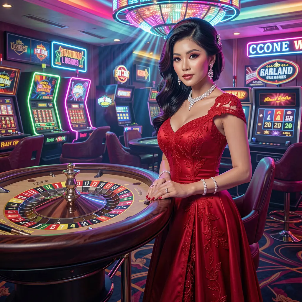 Elegant casino scene with a confident woman in a red dress standing by a glowing roulette table showcasing the premium gaming atmosphere of JJJJPH Casino in the Philippines