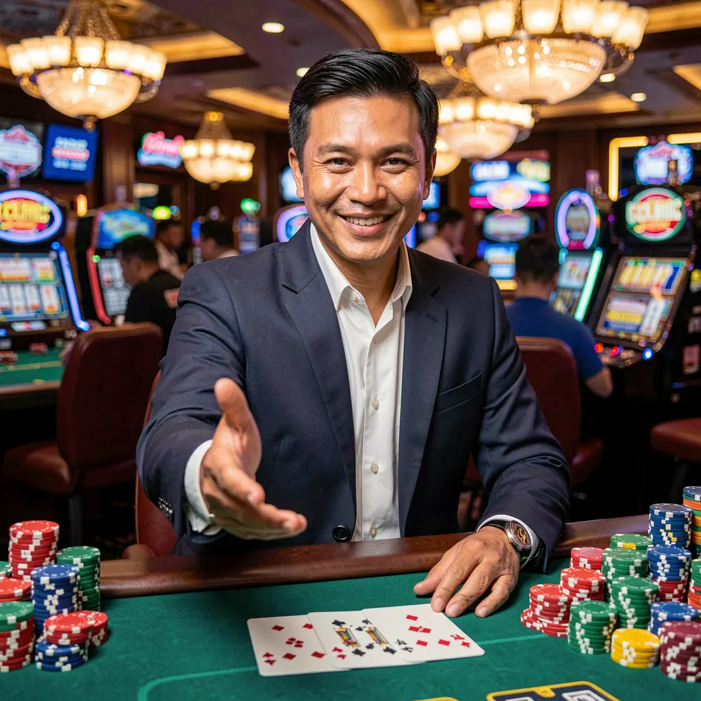 Elegant Filipino casino dealer reaching out with a welcoming gesture surrounded by glowing chips representing trusted login access at JJJJPH Philippines