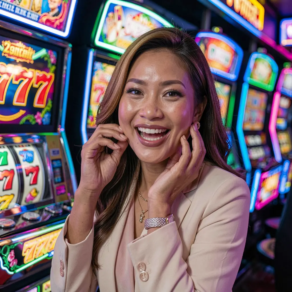 Happy female slot player celebrating a big win in front of glowing 777 symbols at JJJJPH online casino slots in the Philippines
